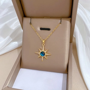 Titanium steel sunburst necklace with blue stone and crystals in a jewelry box