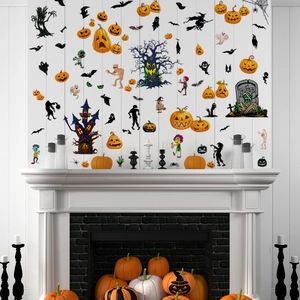 Halloween wall decals set featuring pumpkins and bats on a white fireplace background