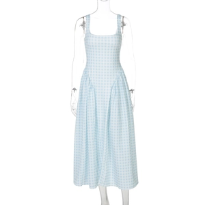 Detail of light blue checkered sundress with square neck and basque waist design
