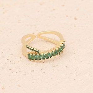 Vintage gold open ring with double-layered band and rectangular green zircon stones