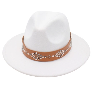 Classic white wool fedora hat with brown leather rivet band against a plain background