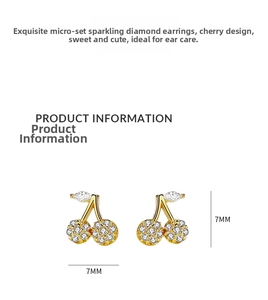 Detail showing 7x7mm cherry stud earrings dimensions with micro-pave white crystals