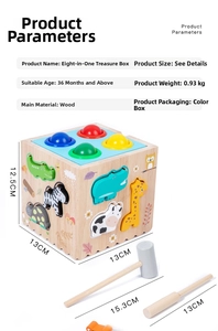 Detail of 8-in-1 wooden activity cube showing animal sorting and pounding ball features