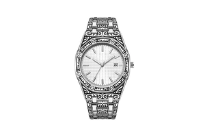 Detailed macro view of silver carved men's watch featuring intricate black floral engravings