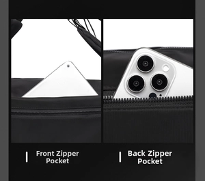 Detail showing front and back zipper pockets of black nylon bag for tablet and phone