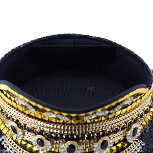 Bohemian captain hat with black sequins, gold chains, and ornate gemstone embellishments