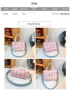 Size chart and details of kids pink checkered knit shoulder bag with blue strap and bow
