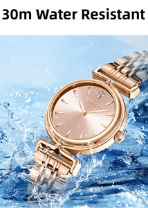 Detail of rose gold quartz watch showing 30m water resistance with splashing water
