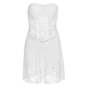 White floral lace strapless corset dress with mesh sheer details for summer vacations