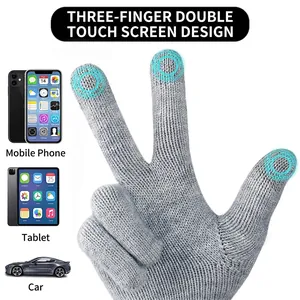 Grey thermal winter knitted gloves with three-finger touchscreen compatibility for outdoor use