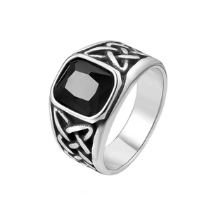 Vintage stainless steel ring for men with square black gemstone and Celtic knots