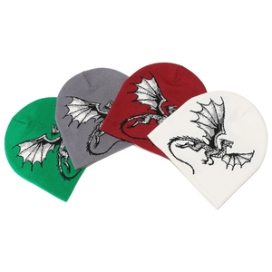 Winter knit beanies with cartoon dragon patterns in green, gray, red, and white colors