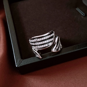 Detailed view of silver striped ring with zircon pavé and black enamel details