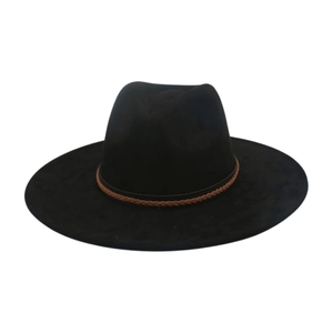 Klassischer schwarzer Fedora-Hut mit breiter Krempe und braunem Lederband als Sonnenschutz