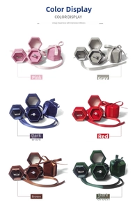 Velvet hexagon jewelry boxes in multiple colors with elegant ribbons and lids