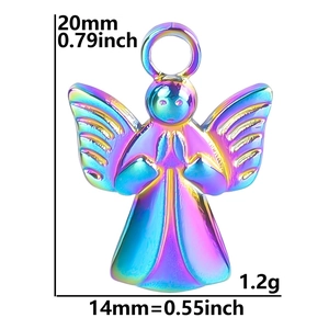 Detailed view of rainbow titanium angel pendant with dimensions 14mm by 20mm and weight