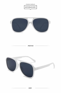 Detail view of white aviator sunglasses with black grey lenses from front and side angles