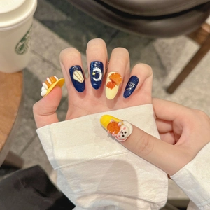 3D press-on nails with cute bunny and moon motifs in navy blue and yellow