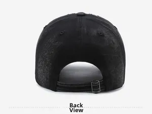 Rear view of washed charcoal cotton baseball cap featuring an adjustable metal buckle