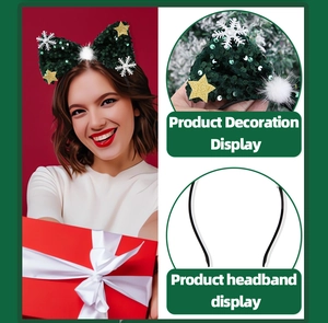 Detailed view of dark green Christmas headband featuring sequin bow and festive ornaments
