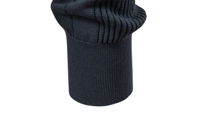 Detailed macro view of the dark grey ribbed knit cuff and hem texture on a men's polo sweater