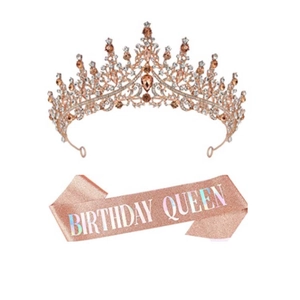 Detail of rose gold birthday queen sash and sparkling rhinestone tiara set on white back