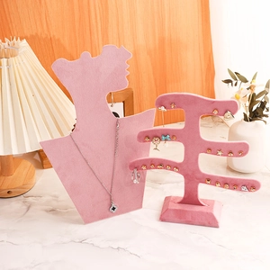 Elegant pink velvet jewelry display stand set with necklace bust and earring holder