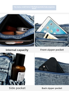 Detail showing multiple storage pockets and inner capacity of the denim crossbody bag