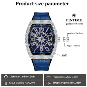 Detailed size specifications and adjustment guide for PINTIME tonneau iced out quartz watch