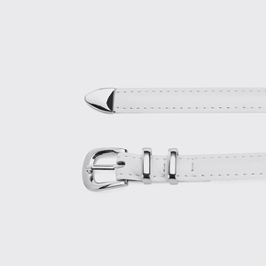 Minimalist white skinny leather belt for women with silver buckle and metal tip accents
