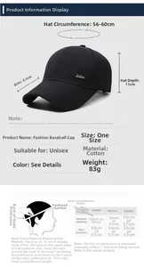 Size guide for cotton baseball cap showing brim depth and adjustable head circumference