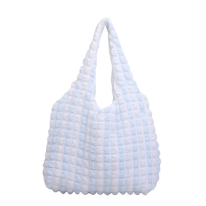 Blue and white striped pleated cloud tote bag with soft puff texture and shoulder straps