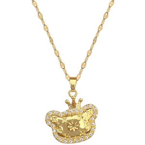 Luxurious gold crown cat pendant necklace with pavé crystals on a dainty titanium steel chain