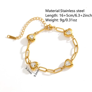 Luxury gold plated stainless steel bracelet with four heart-shaped crystal charms