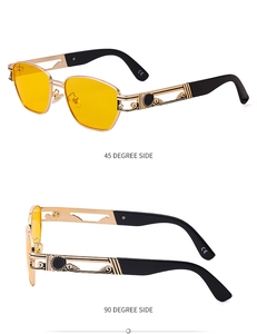 Detail view of steampunk sunglasses with golden metal frames and hollow engraved temples