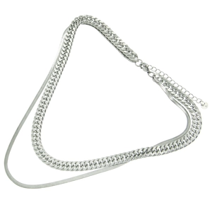 Double-layered silver stainless steel Cuban and snake chain necklace with H.W tag