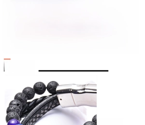 Detailed view of handmade leather bracelet with volcanic lava stone and blue agate magnetic clasp