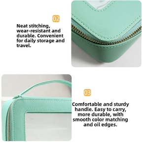 Detail view of mint green toiletry bag with clear window and golden metal zipper