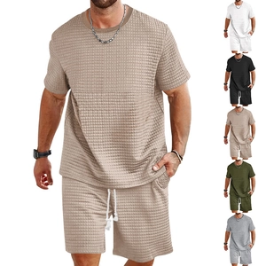 Men Waffle Knit T-Shirt And Shorts Summer Casual Sport Solid Color Round Neck Leisure Relaxed Fashion Outfit
