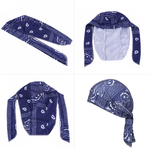 Navy blue paisley durag with extra long straps and premium silky elastic fabric