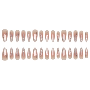 Medium-length almond press-on nails with pink cat-eye gradient and silver stripes