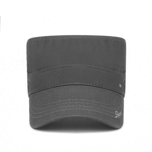 Men's dark grey cotton flat top army cap with metal Sport logo for outdoor sun protection