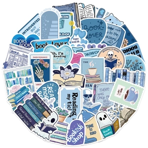 Detail of waterproof blue Bookish stickers for scrapbooking and guitar decoration