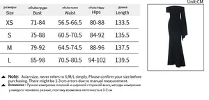 Detailed size chart for off-shoulder ribbon dress with measurements from XS to L