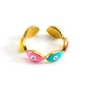 Adjustable golden stainless steel ring with colorful enamel evil eye charms