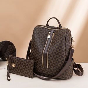 Brown geometric print PU leather backpack and clutch set with gold hardware accents