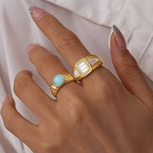 Bagues Ouvertes Réglables Pour Femmes Anneaux En Cuivre Martelés Avec Coquillage Et Zircon Bijoux De Luxe Géométriques