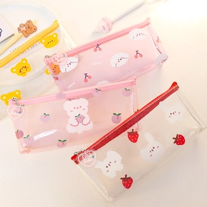 Transparent PVC pencil cases with cute animal patterns and heart-shaped zipper charms
