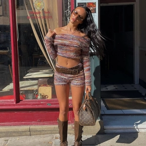 Women's chic multi-color knit two-piece set with off-shoulder crop top and matching shorts