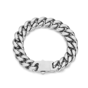 Detailed macro view of the silver stainless steel Cuban chain bracelet with a square clasp